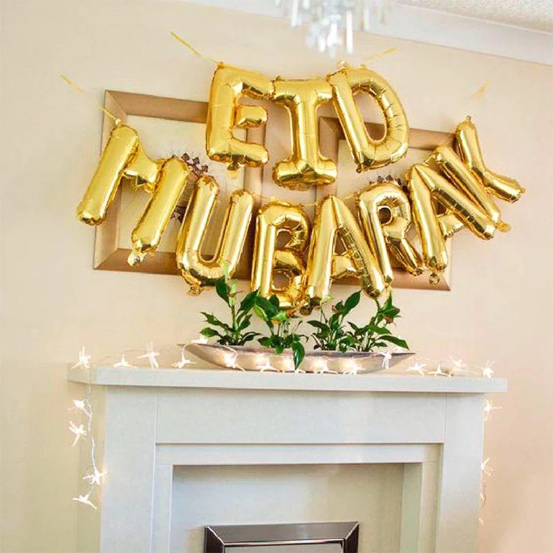 Eid Lettering Foil Balloon Garland Set 10pcs Gold — front view