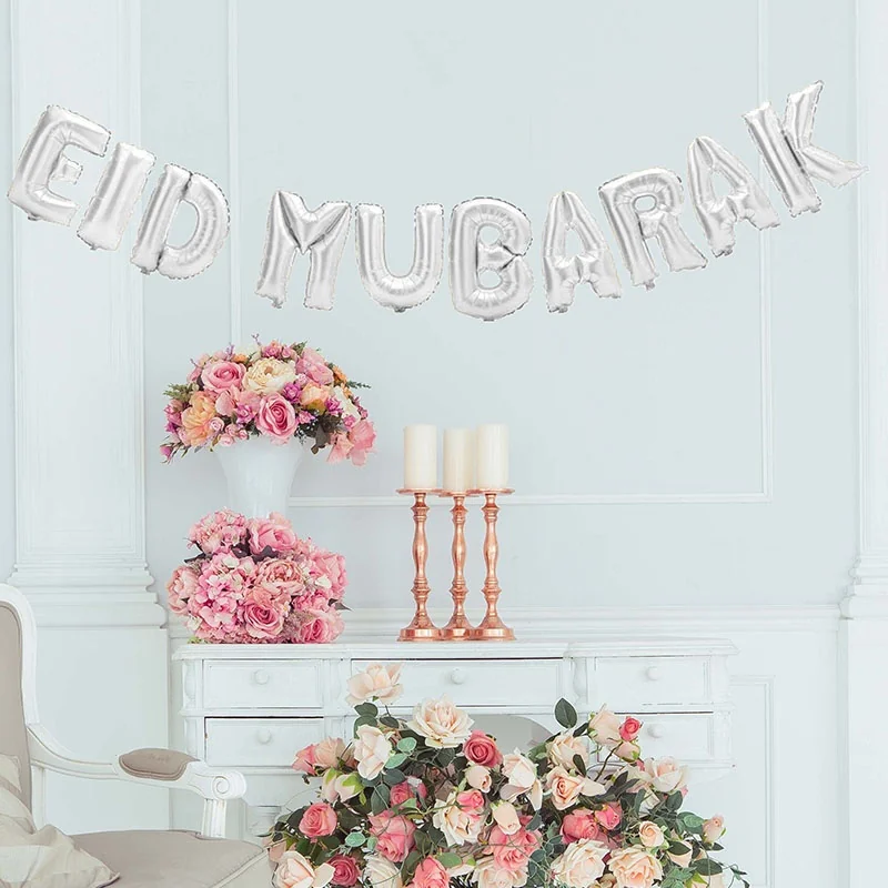 Eid Lettering Foil Balloon Garland Set 10pcs Silver — front view