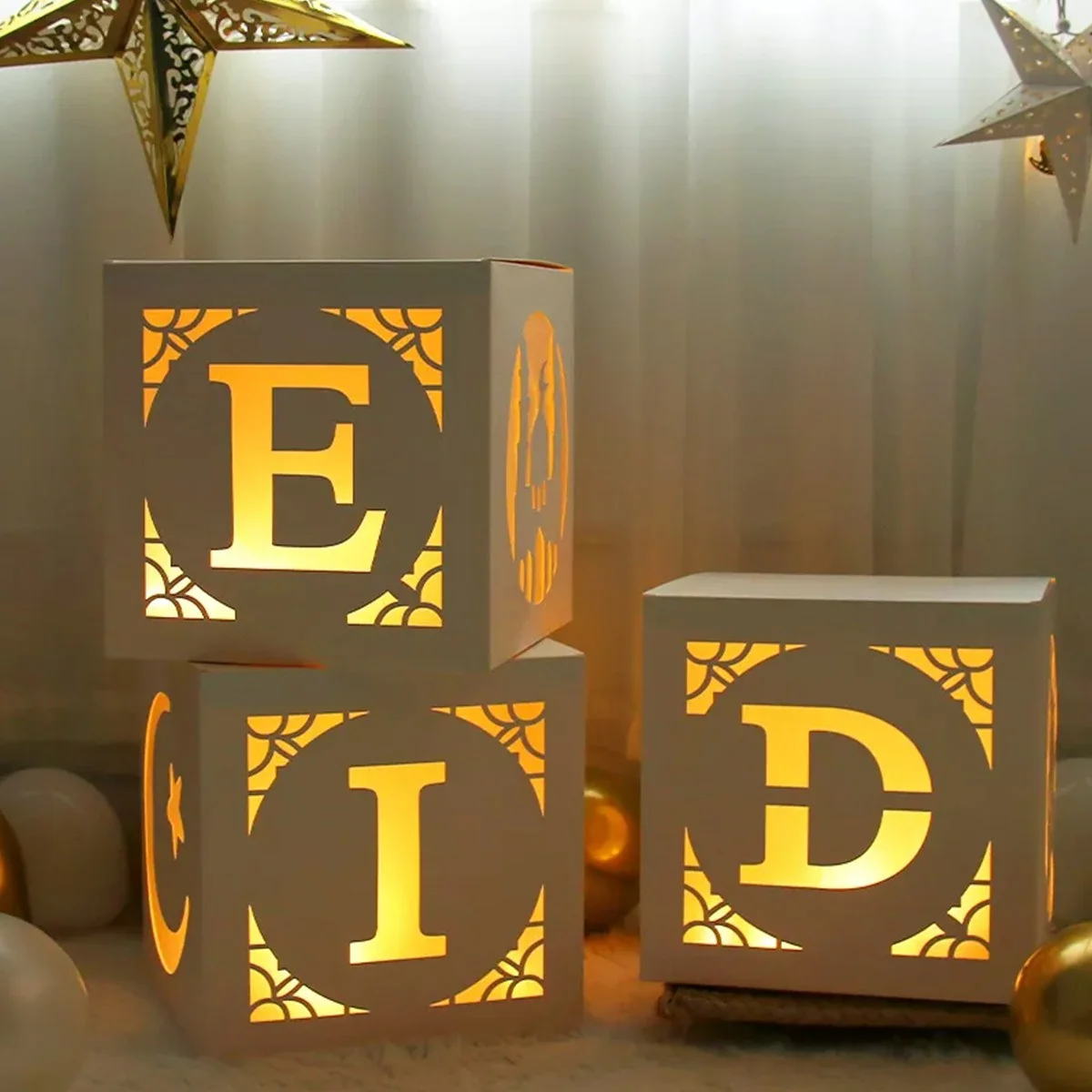 Eid Paper Box with LED light 1 set 3pcs — size reference