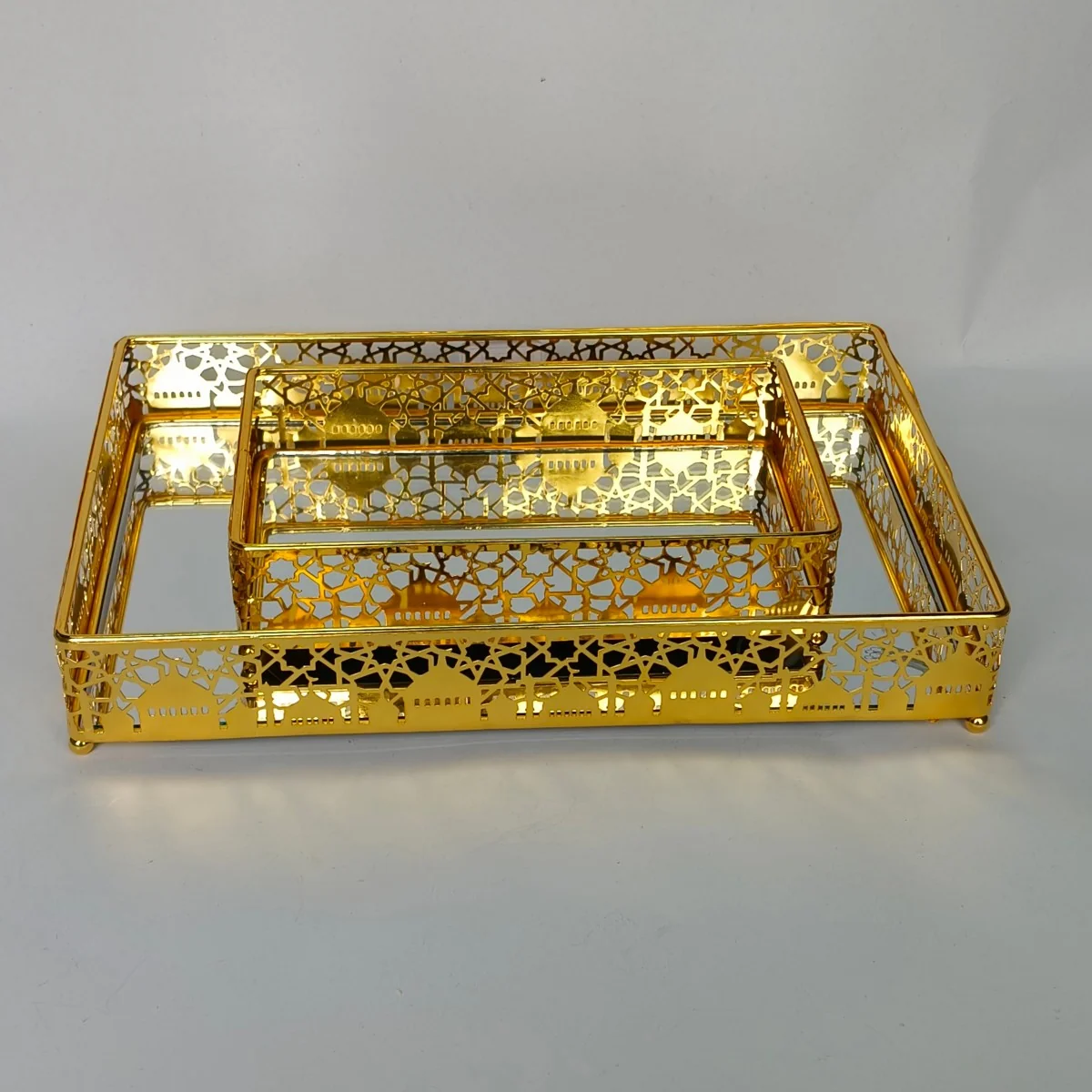 EID Golden Mirror Rectangle Serving Tray 48pcs — angle view