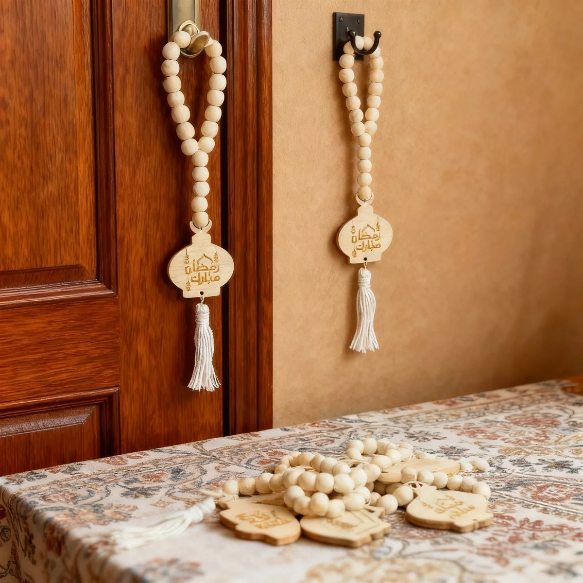Ramadan Mubarak Wooden Bead Wall Hanging round wooden bead garland — front view
