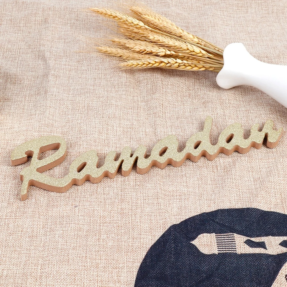 Wood Glitter Lettering Ornament Ramadan Gold — front view