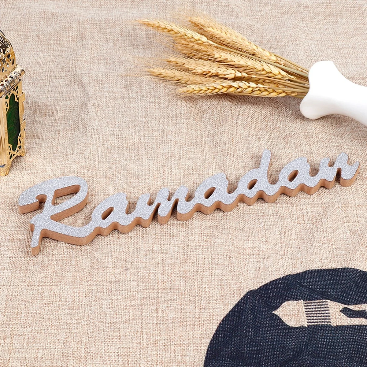 Wood Glitter Lettering Ornament Ramadan Silver — front view