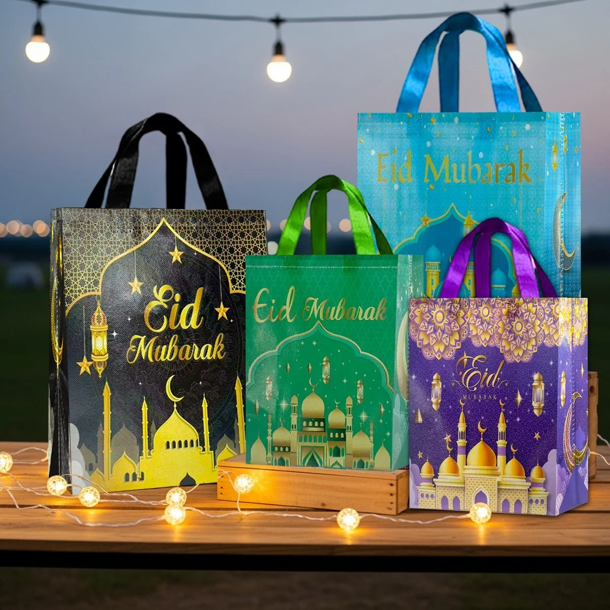 Ramadan gift bag - 4 pieces
Black large + Blue large + Green small + Purple small — front view