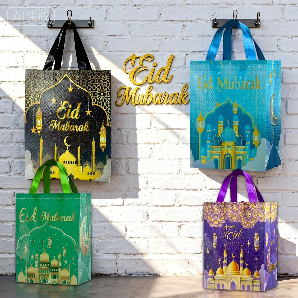Ramadan gift bag - 4 pieces
Black large + Blue large + Green small + Purple small — angle view