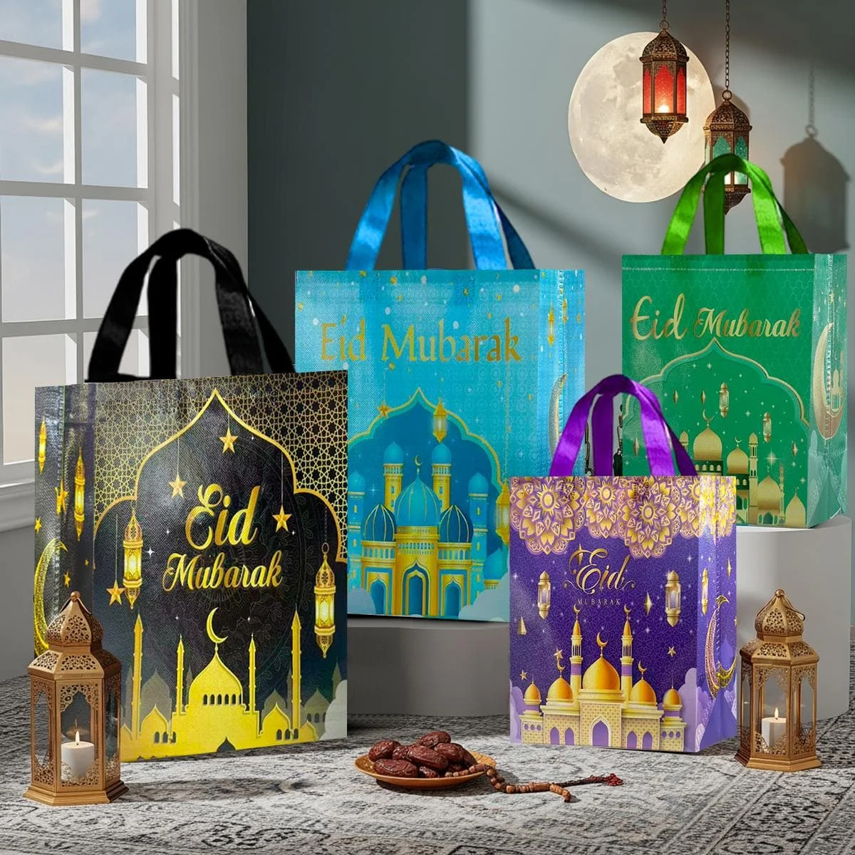 Ramadan Gift Bags - 4pcs
5015 Series, 1 of each of the four colors: Black (large), Blue (large), Green (small), Purple (small) — detail