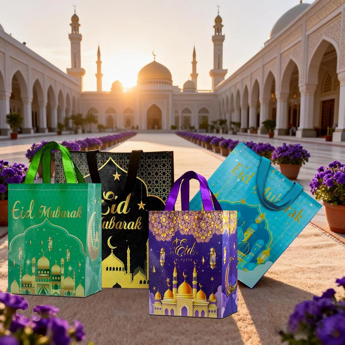 Ramadan Gift Bags - 4pcs
5015 Series, 1 of each of the four colors: Black (large), Blue (large), Green (small), Purple (small) — size reference